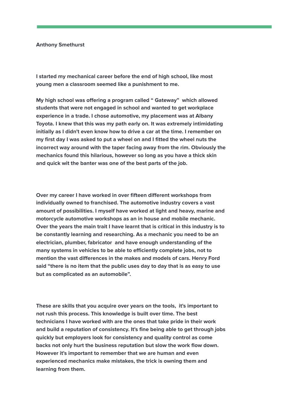 Preview of page 1 of Anthony Smethurst's automotive career synopsis