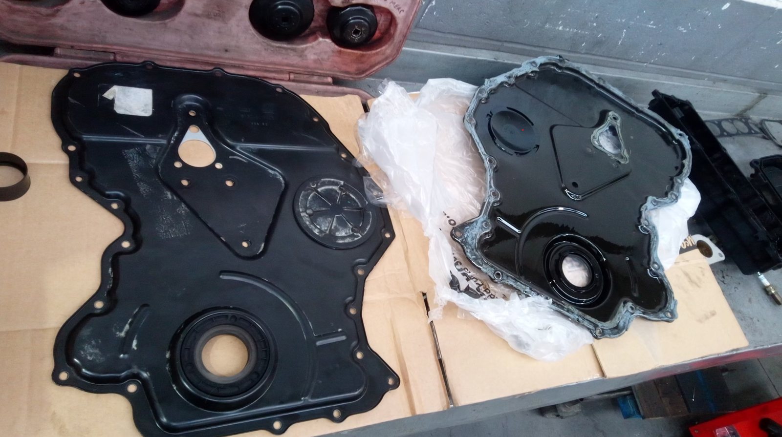 Engine cover components prepared during repair